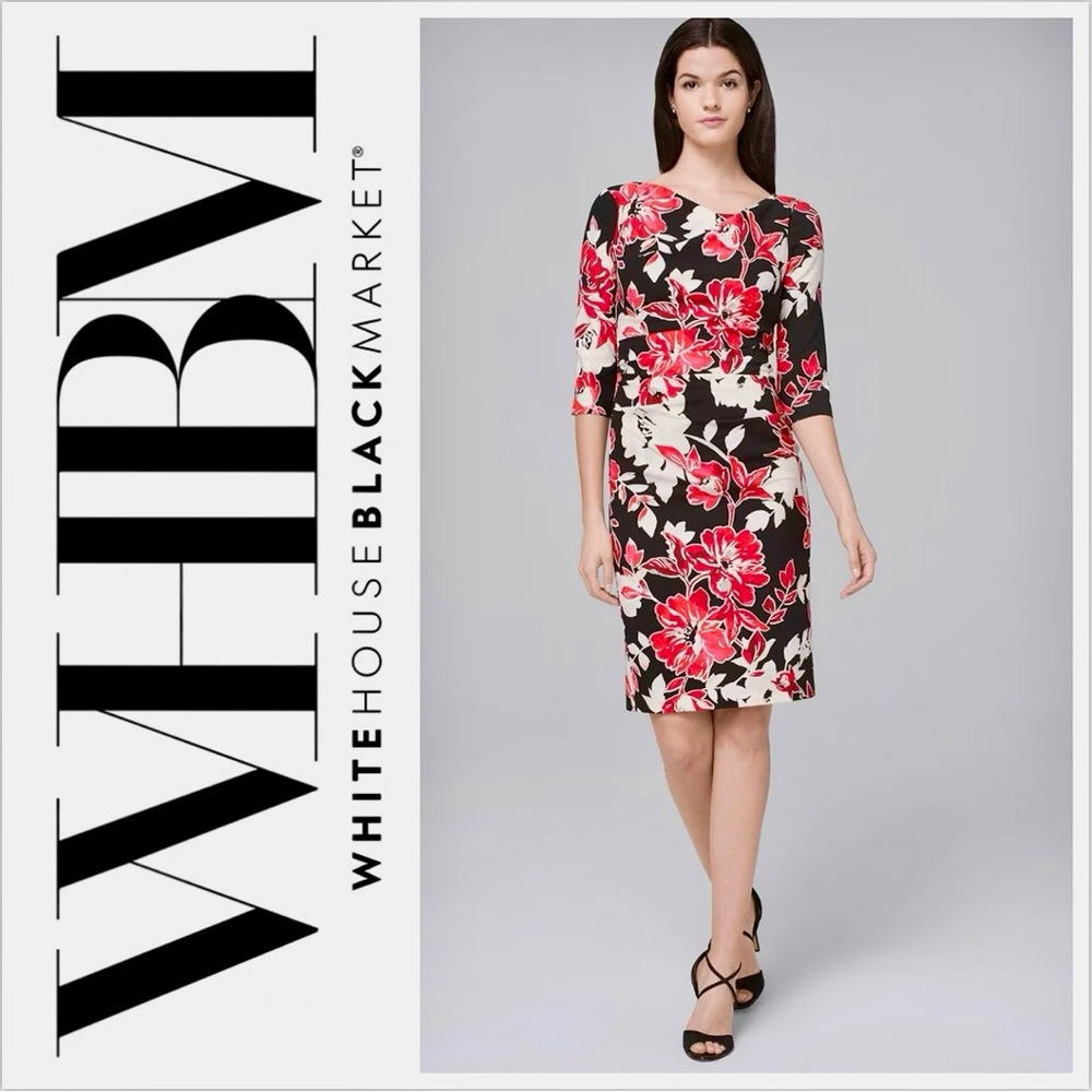 White House Black Market Dress Red Black Sheath Midi Floral event 3/4 sleeves 8